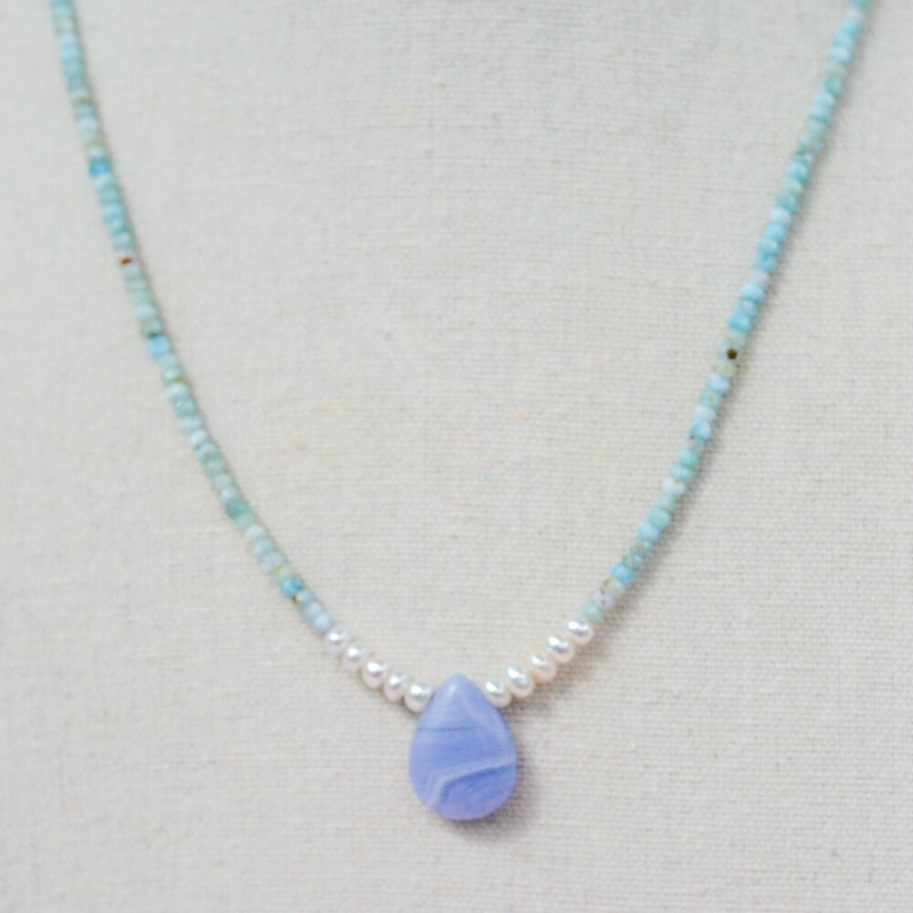 Larimar & Freshwater Pearl Necklace with Blue Lace Agate Pendant – 18.25”